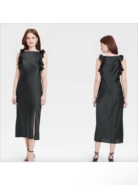 a new day elegant black front slit, ruffle strap, midi dress